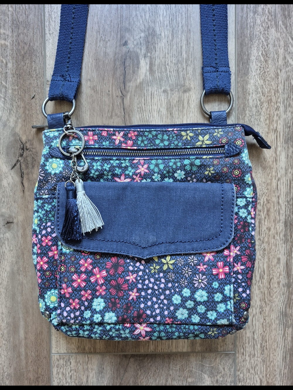 Sakroots City Swing Pack Blue Floral Crossbody Bag with Tassel